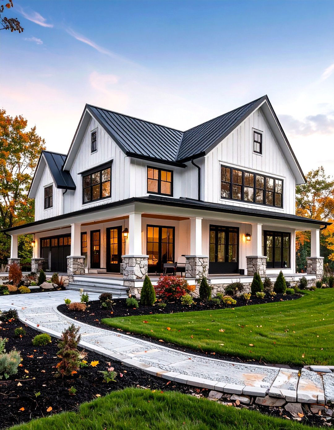 Modern Farmhouse White Exterior Home with a Black Roof and Board and Batten Siding - 20 White Exterior Home with a Black Roof Ideas