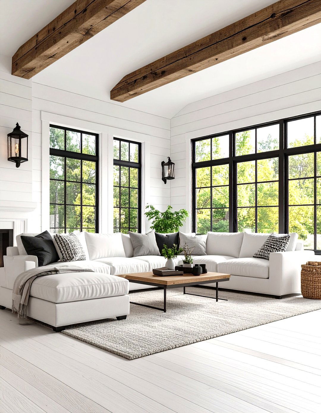 Modern Farmhouse White Living Room with Black Accents - 20 White Living Room Ideas