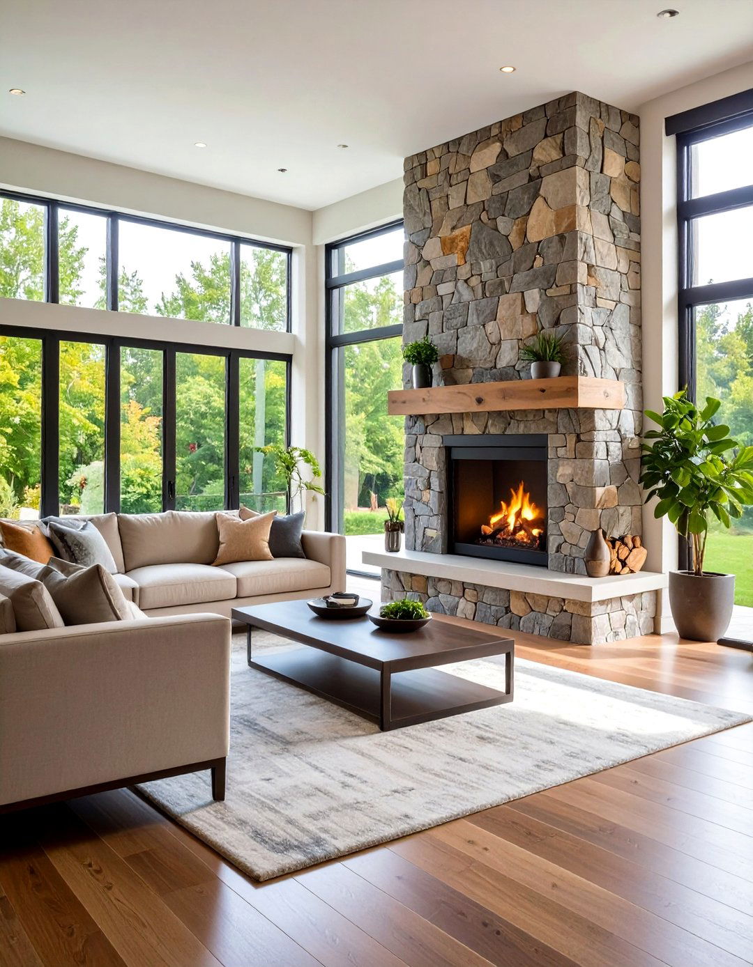 Modern Fireplace with Mixed Material Surround - 20 Modern Fireplace Ideas