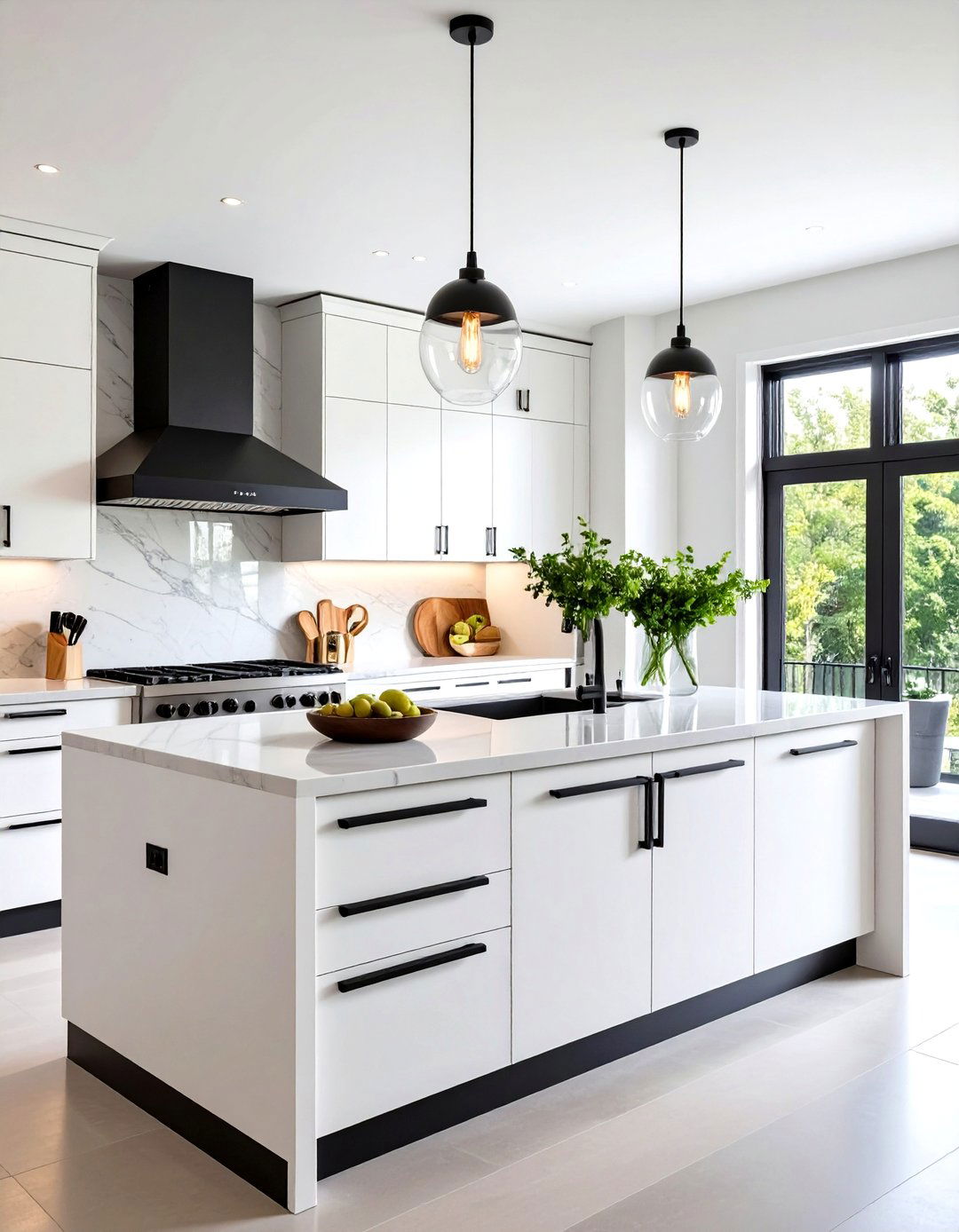 Modern Flat Panel White Cabinets with Sleek Black Bar Pulls - 20 White Kitchen Cabinets With Black Hardware