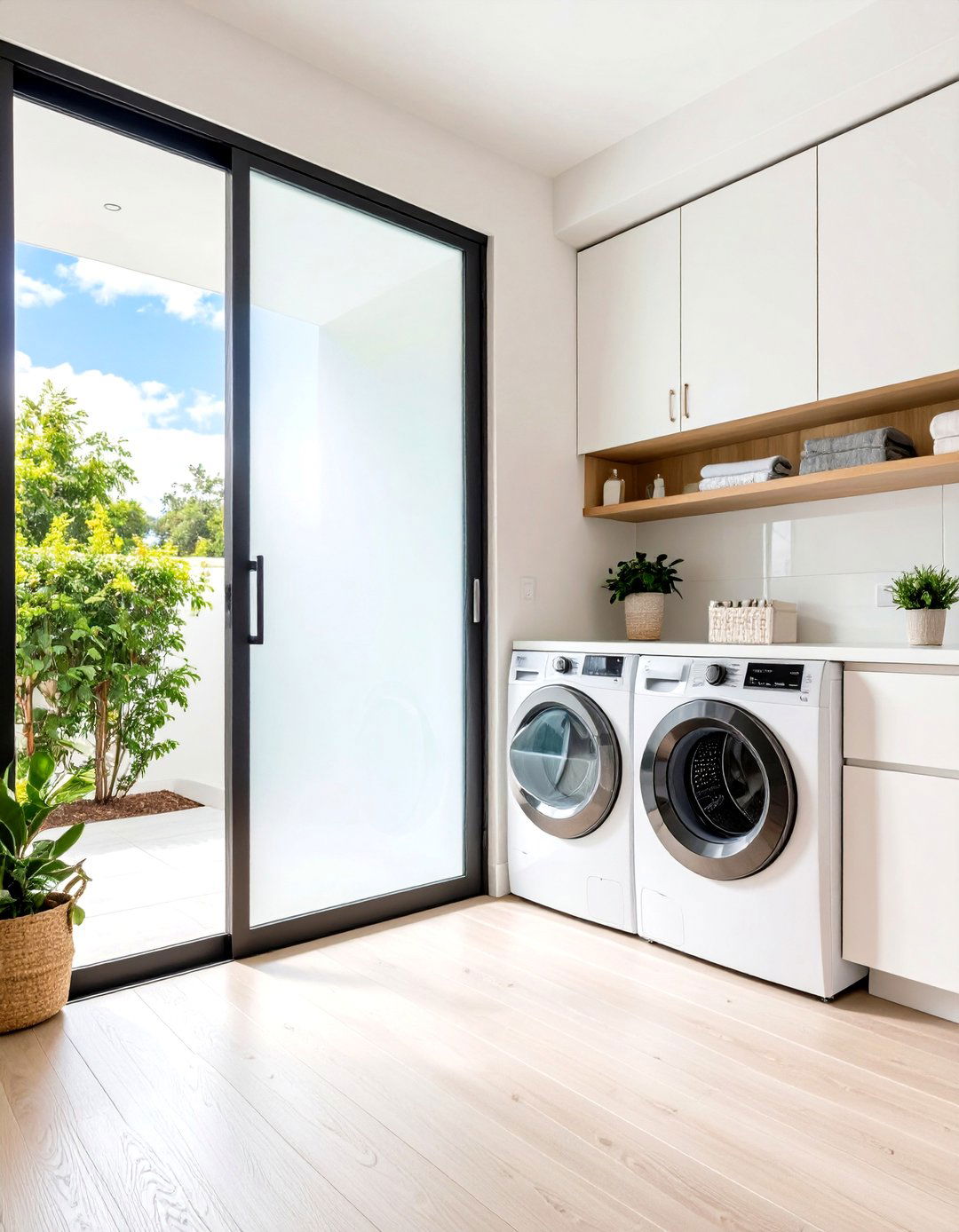 Modern Frosted Glass Panel Laundry Room Door with Black Frame - 20 Laundry Room Door Ideas