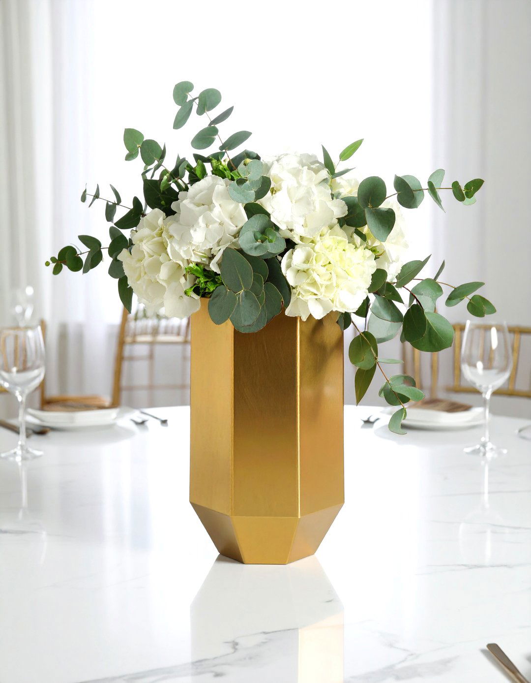 Modern Geometric Gold Vases with Mixed Eucalyptus Varieties - 20 Eucalyptus Wedding Centerpieces