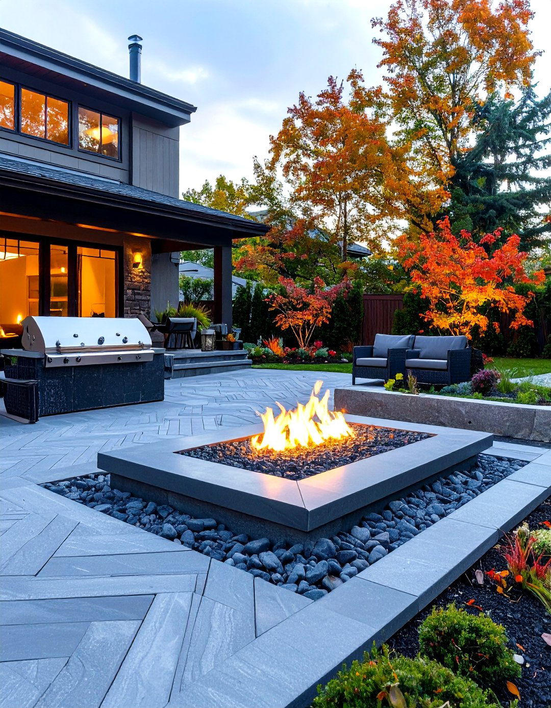 Modern Geometric Herringbone Stamped Concrete Patio with Linear Gas Fire Strip - 20 stamped concrete patio with fire pit ideas