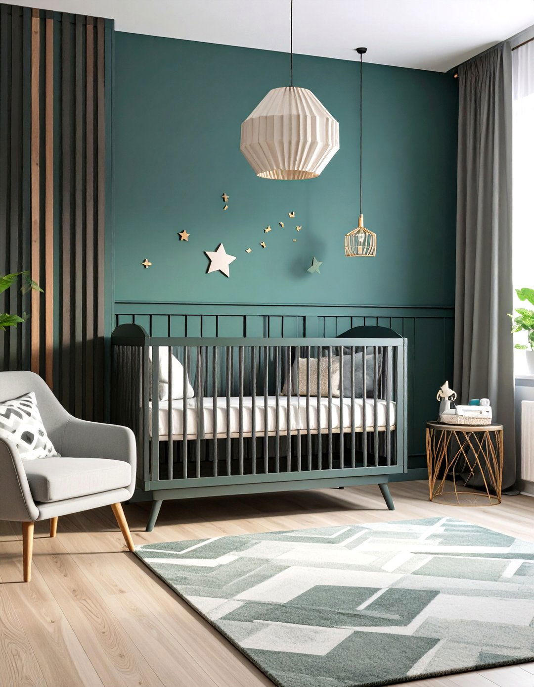 Modern Geometric Lines in a Dark Green Nursery - 20 Dark Green Nursery Ideas