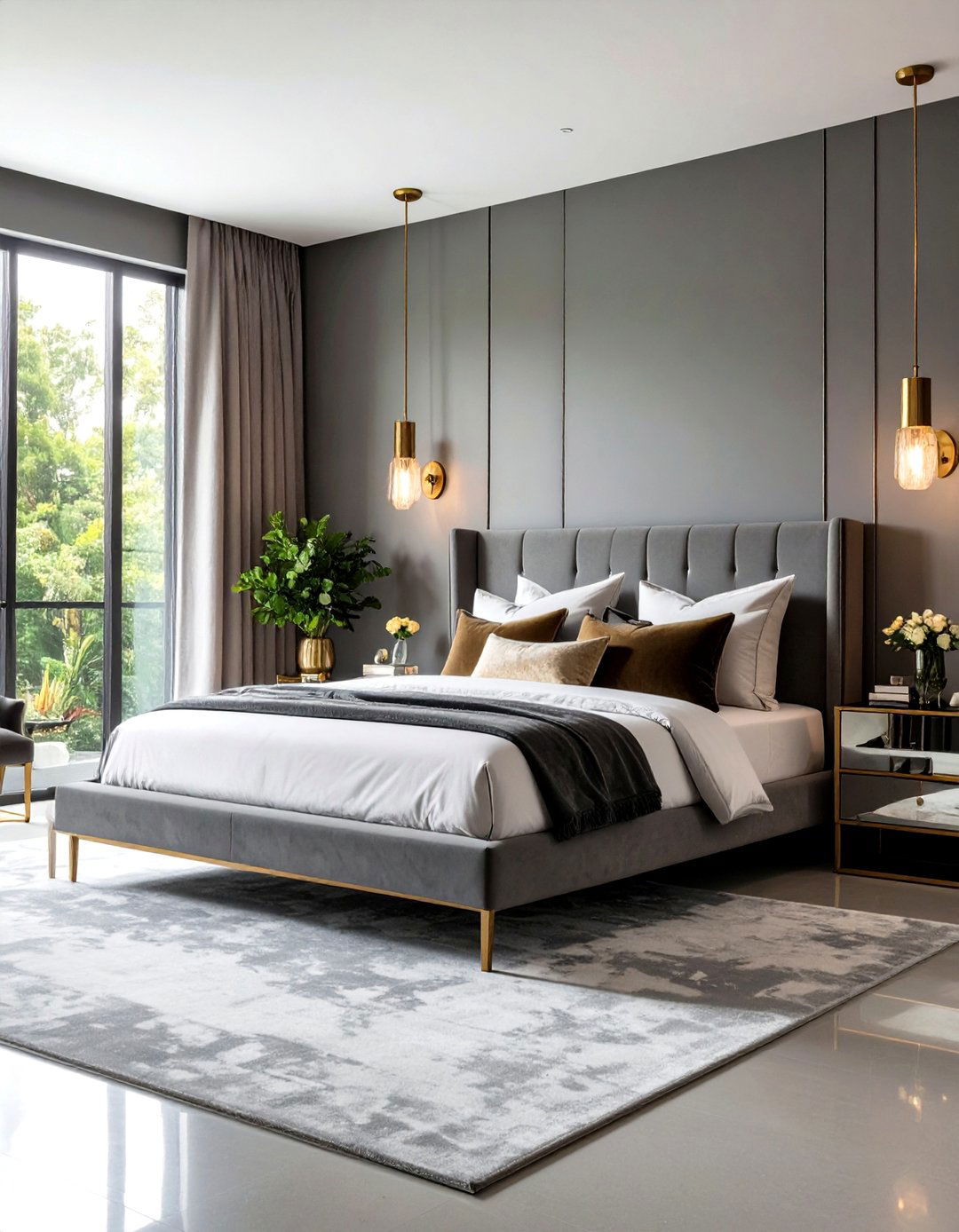 Modern Glam Grey and White Bedroom with Metallic Highlights - 20 Grey and White Bedroom Ideas