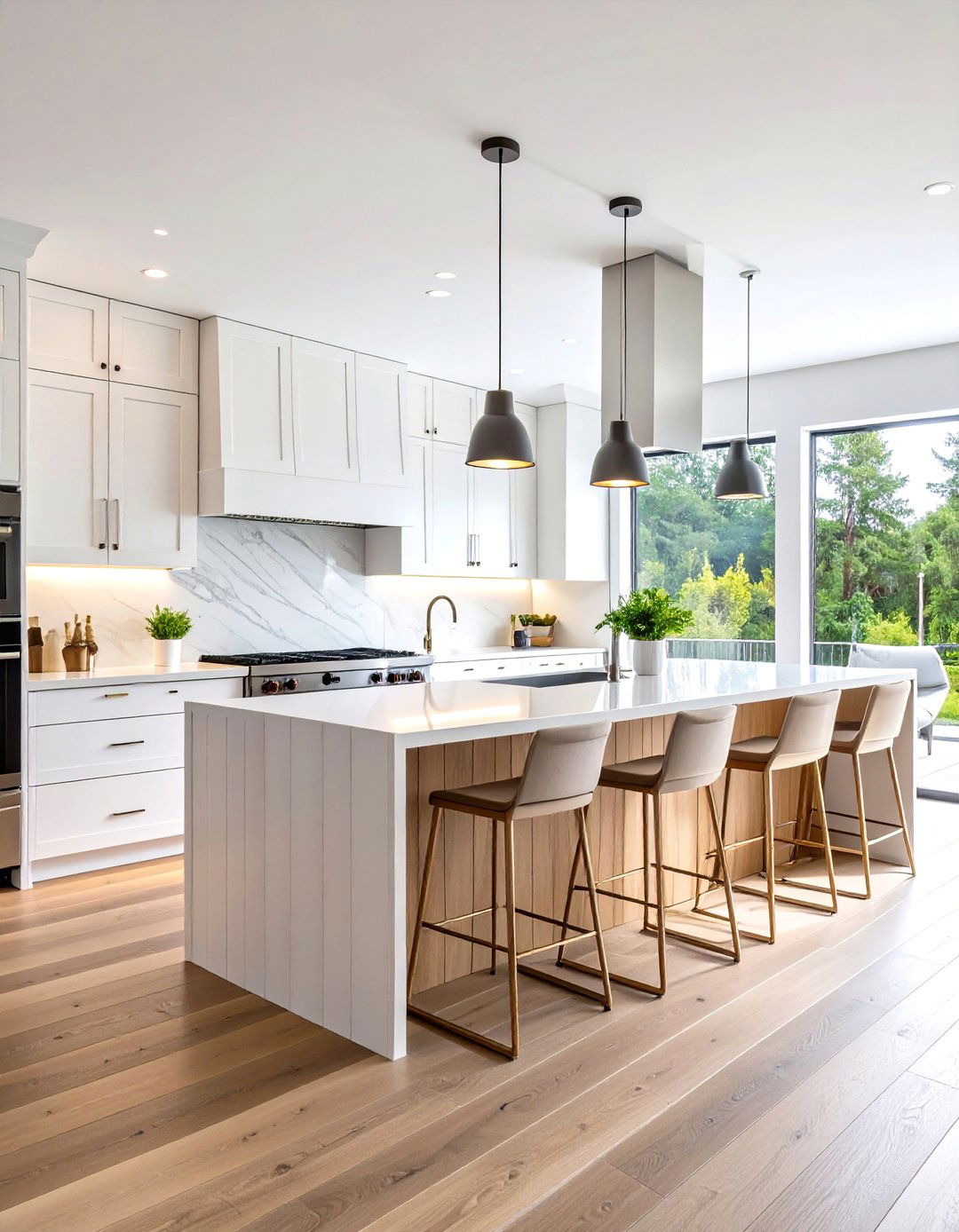 Modern Kitchen Shiplap Island with Waterfall Quartz Edges - 20 Kitchen Shiplap Ideas With Kitchen Island Ideas