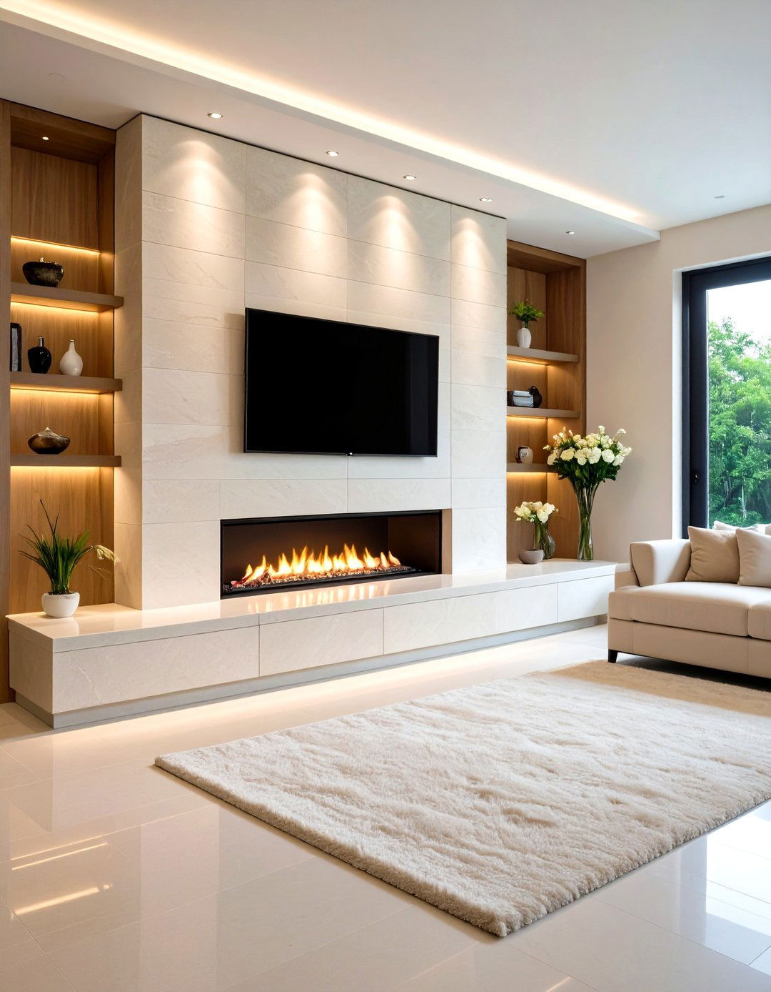 Modern Linear Faux Stone Fireplace in Neutral Tones - 20 Faux Stone Fireplace Ideas