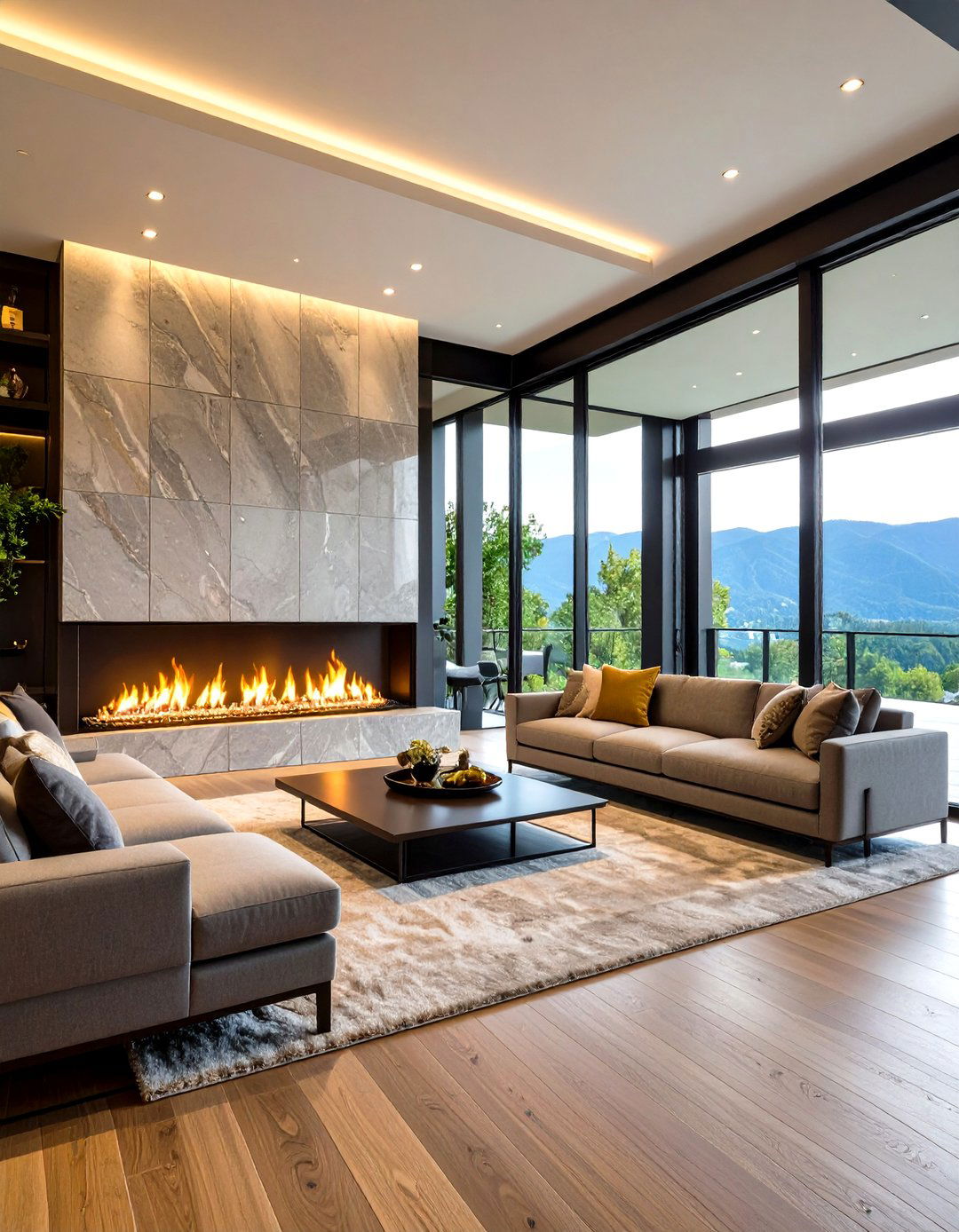 Modern Linear Gas with Stone Veneer - 20 Floor-to-Ceiling Stone Fireplace Ideas