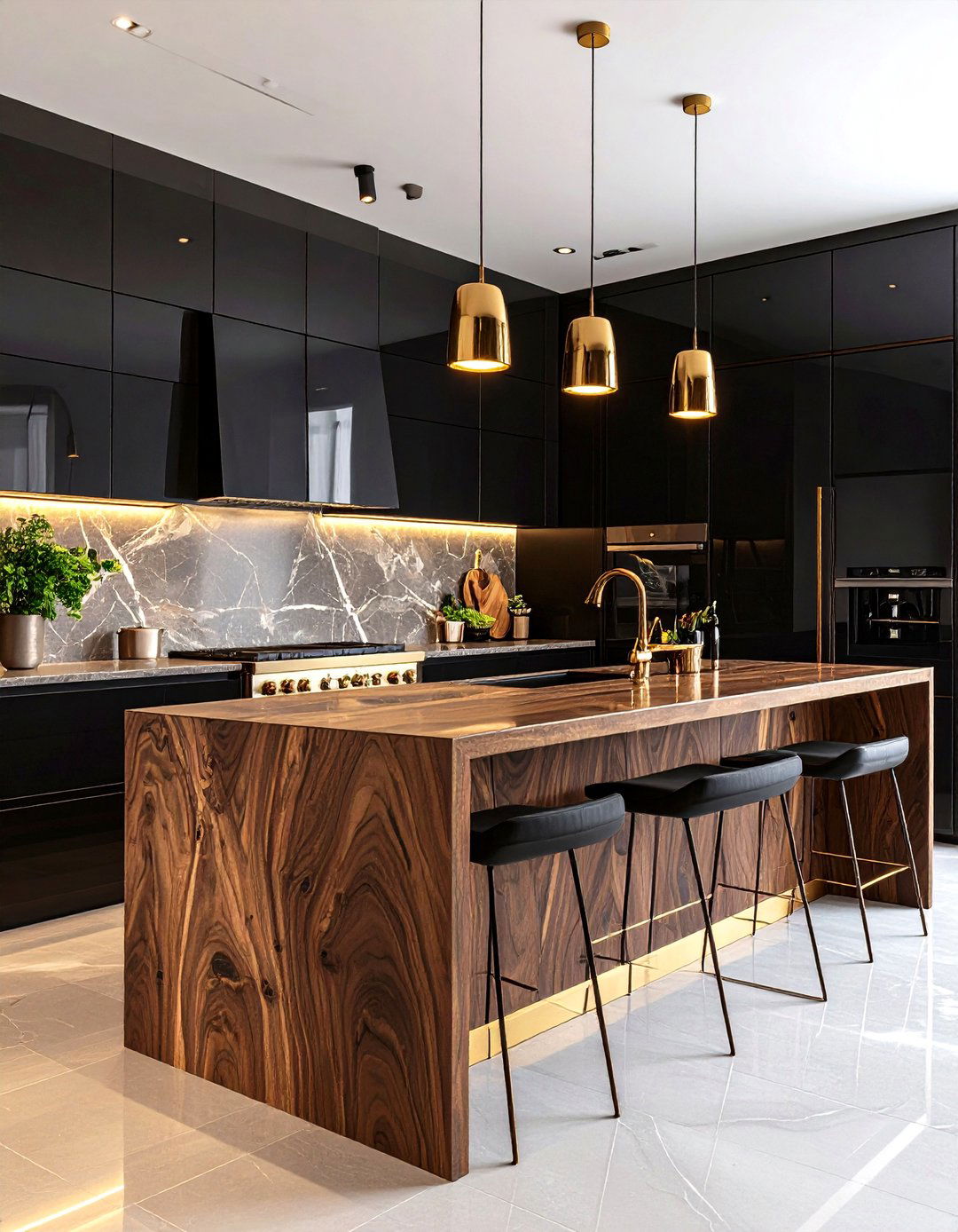 Modern Luxury Kitchen With Black Cabinets And Figured Walnut Countertops - 20 Kitchen With Black Cabinets And Wood Countertops Ideas