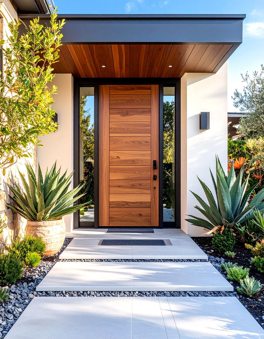 Modern Mediterranean Front Door with Geometric Glass Inserts - 20 Mediterranean Front Door Ideas