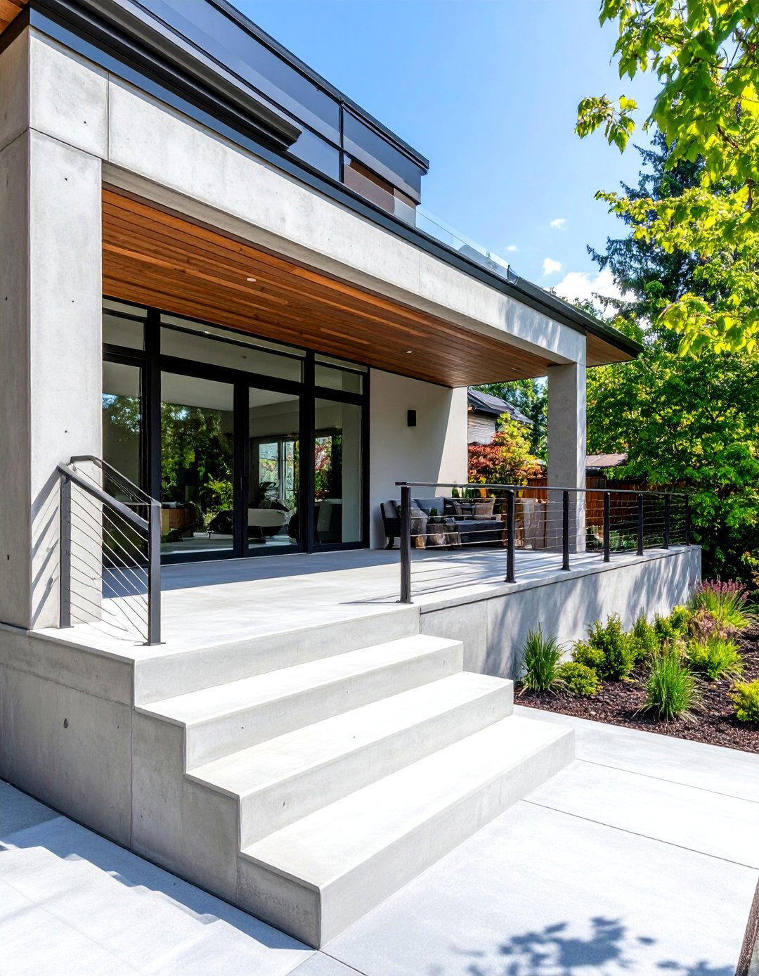 Modern Minimalist Concrete Porch with Cable Railings - 20 Concrete Porch Ideas