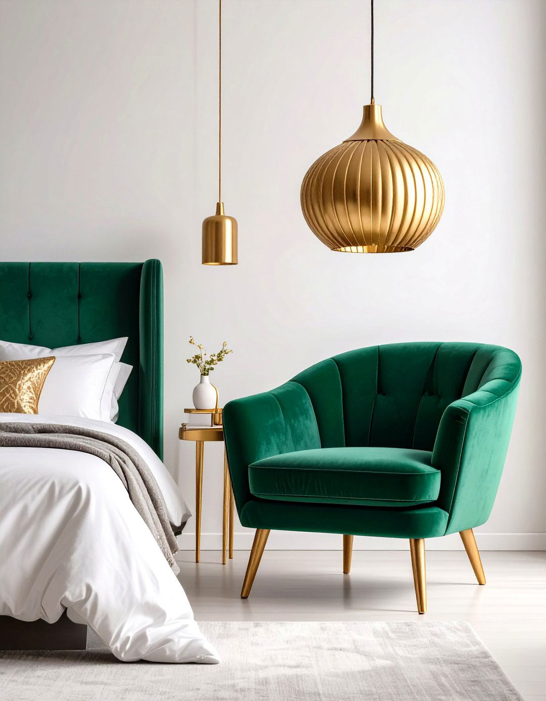 Modern Minimalist Emerald Feature Chair and Gold Pendant - 20 Emerald Green and Gold Bedroom Ideas