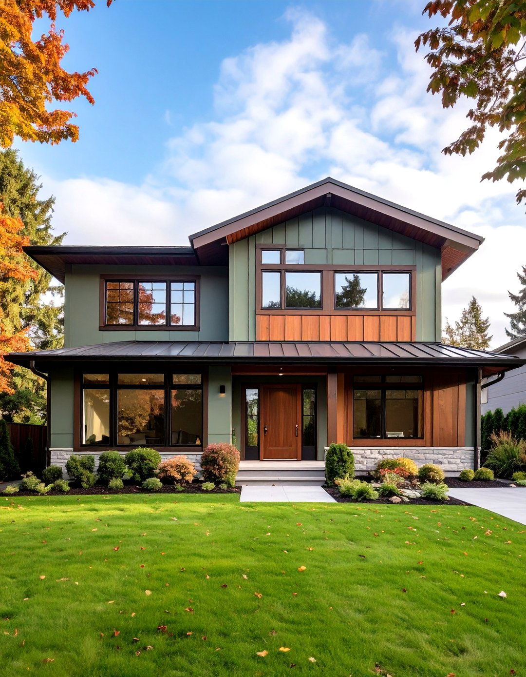 Modern Minimalist Facade - 20 Sage Green House With Brown Trim Ideas