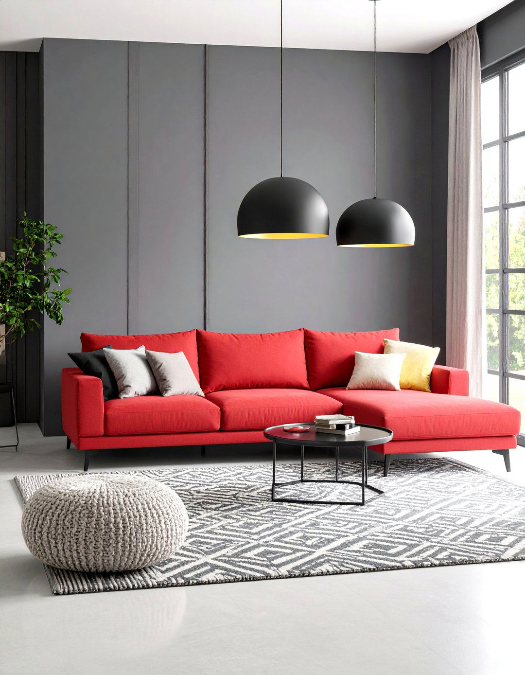 Modern Minimalist Red and Grey Living Room with Geometric Accents - 20 Red and Grey Living Room Ideas
