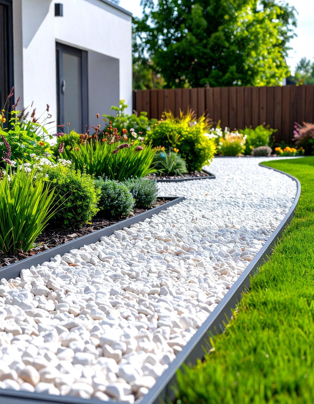 Modern Pea Gravel Walkway with Steel Edging - 20 Pea Gravel Walkway Ideas