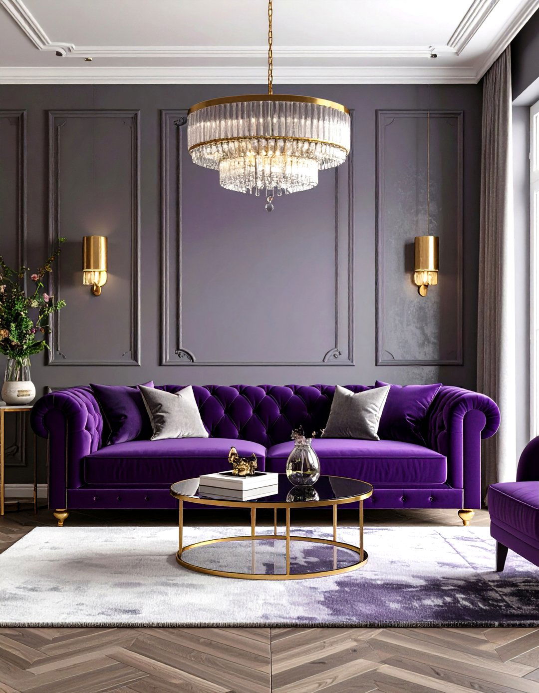 Modern Purple Living Room with Velvet Furniture - 20 Purple Living Room Ideas