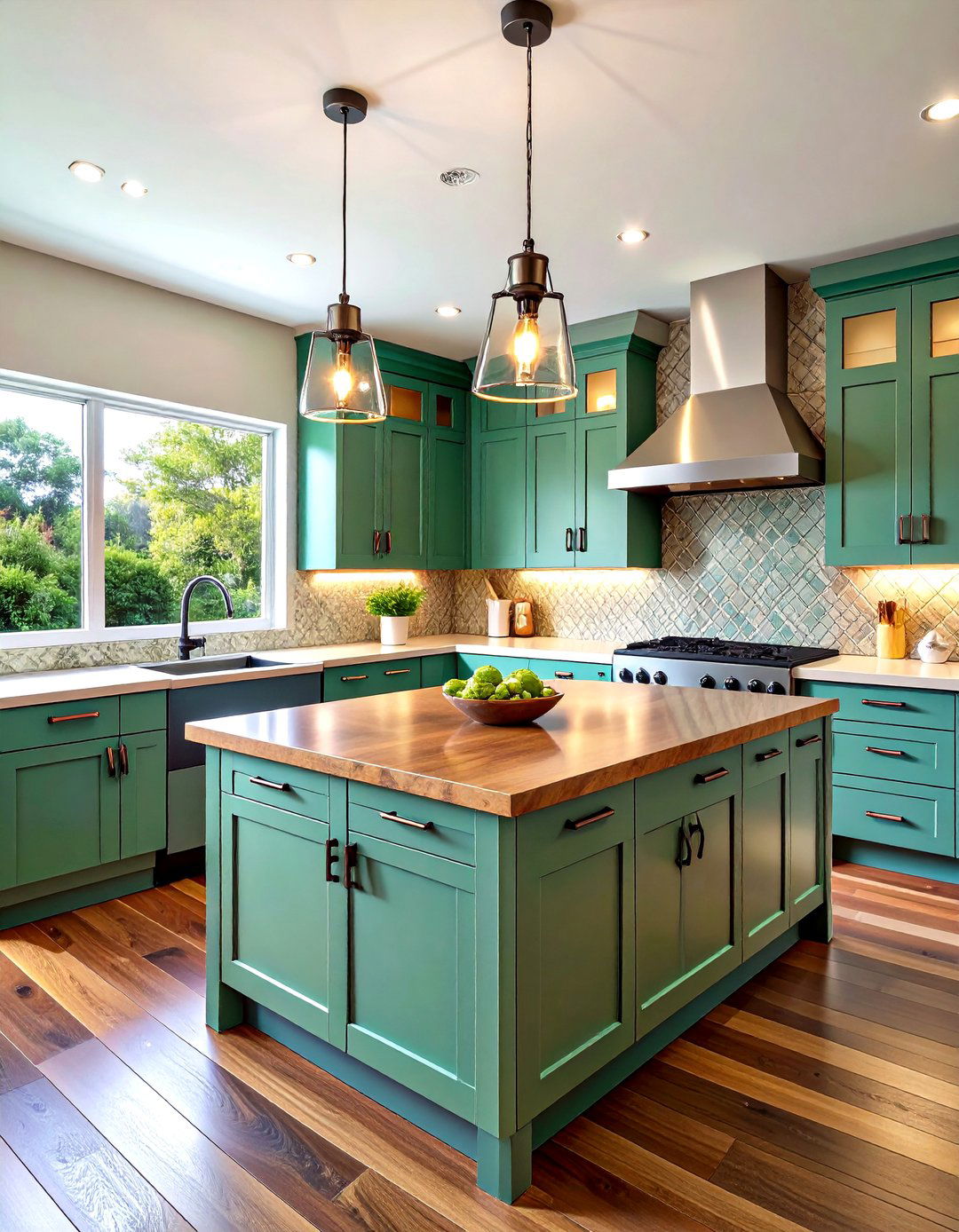 Modern Sage Green Flat Panel Cabinets with Walnut Butcher Block Contemporary Design - 20 Sage Green Kitchen Cabinets With Butcher Block Countertops