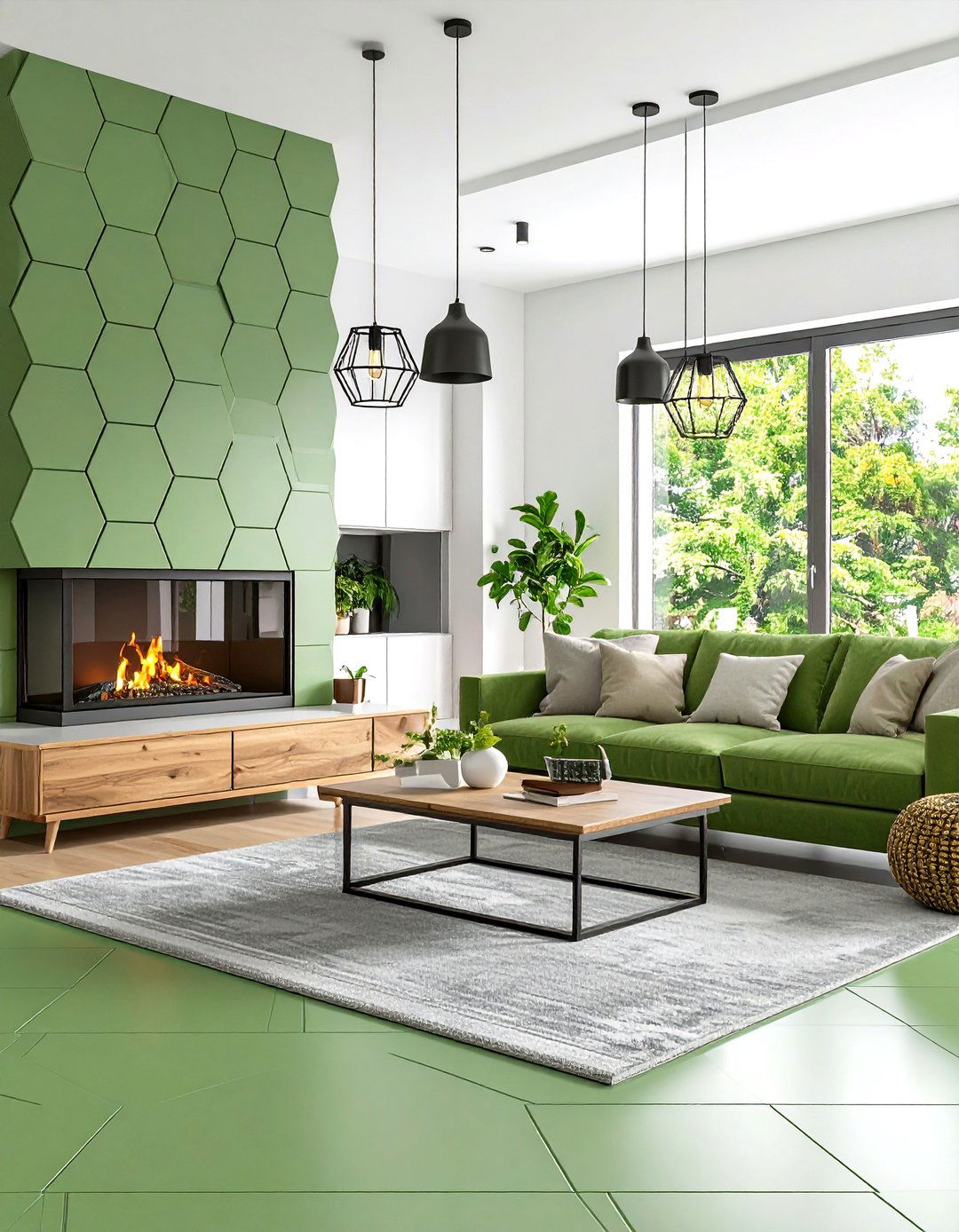 Modern Sage Green Geometric Pattern Fireplace - 20 Sage Green Fireplace Ideas