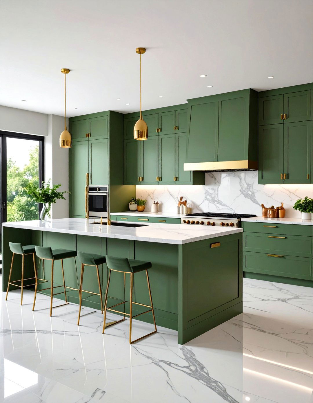 Modern Sage Green Kitchen with Brass Hardware and White Marble - 20 Sage Green Kitchen Ideas