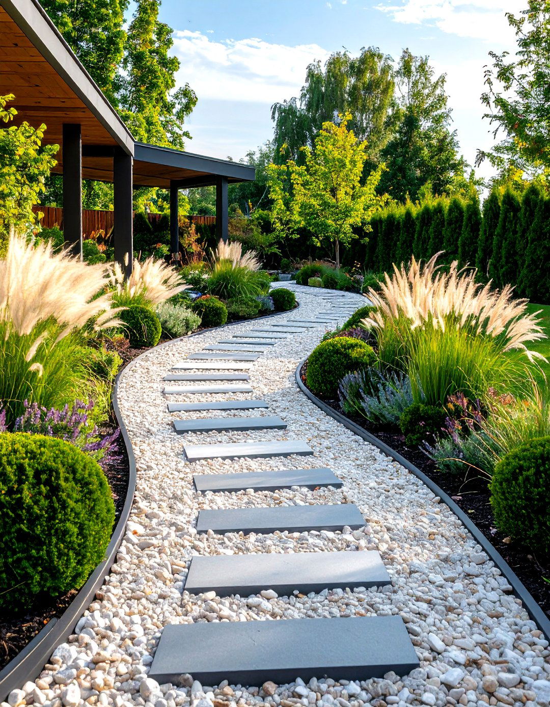 Modern Steel Edged Gravel Sweep for Low Maintenance Lines - 20 Curved Walkway Ideas