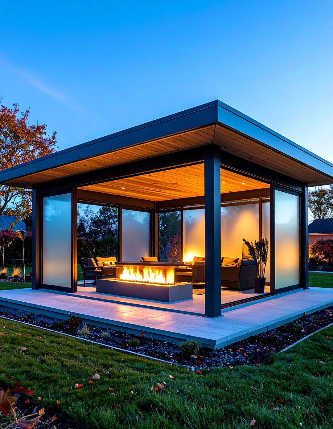 Modern Steel Gazebo Housing a Linear Gas Fire - 20 Gazebo With Fireplace