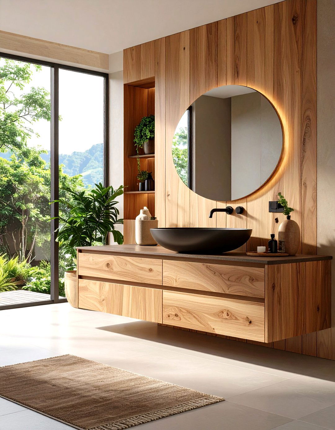 Modern Teak Wood Bathroom Vanity with Integrated Sink - 20 Wood Bathroom Vanity Ideas