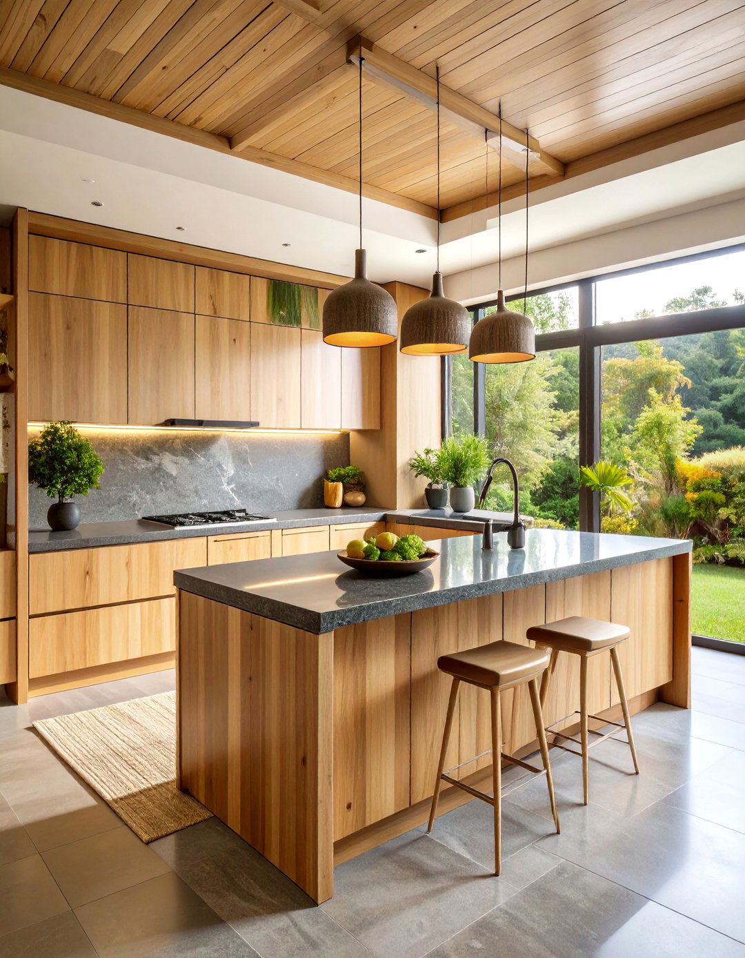 Modern Transitional Kitchen with Brown Cabinets and Black Quartz Countertops - 20 kitchen with brown cabinets and black countertops ideas