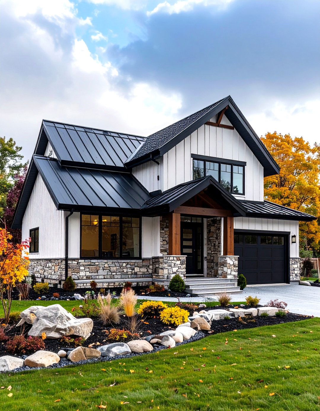Modern Transitional White Exterior Home with a Black Roof and Mixed Materials - 20 White Exterior Home with a Black Roof Ideas