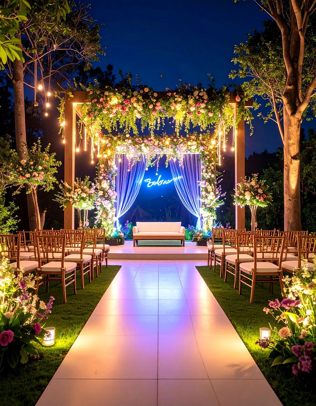 Modern Wedding Backdrop with Neon Sign Elements - 20 Wedding Backdrop Ideas