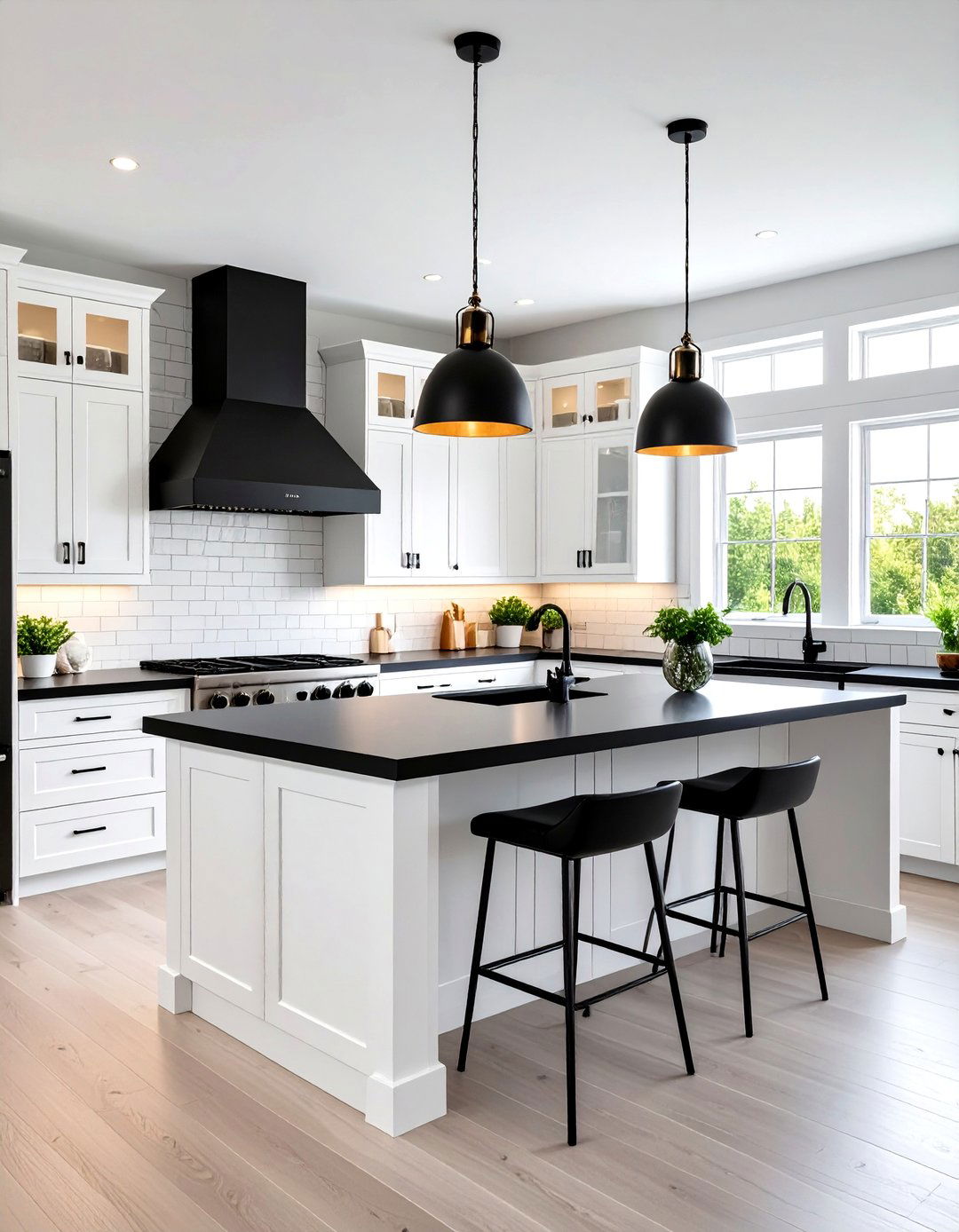Modern White Farmhouse Kitchen with Black Accent Island - 20 White Farmhouse Kitchen Ideas