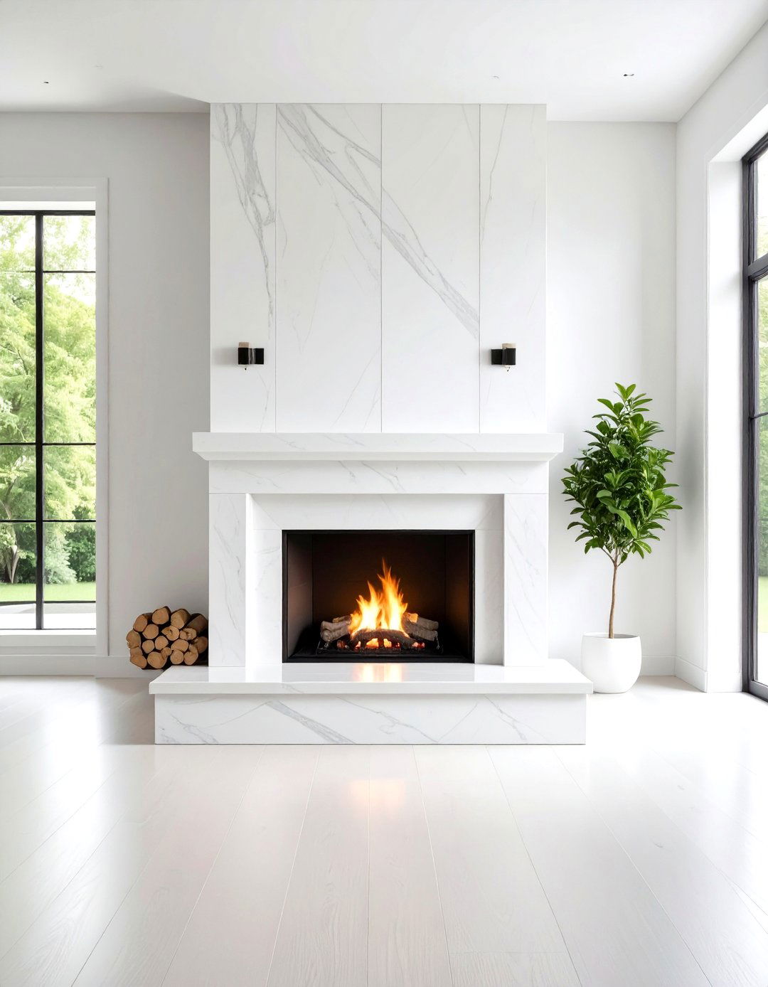 Modern White Stone Fireplace with Clean Lines - 20 White Stone Fireplace Ideas