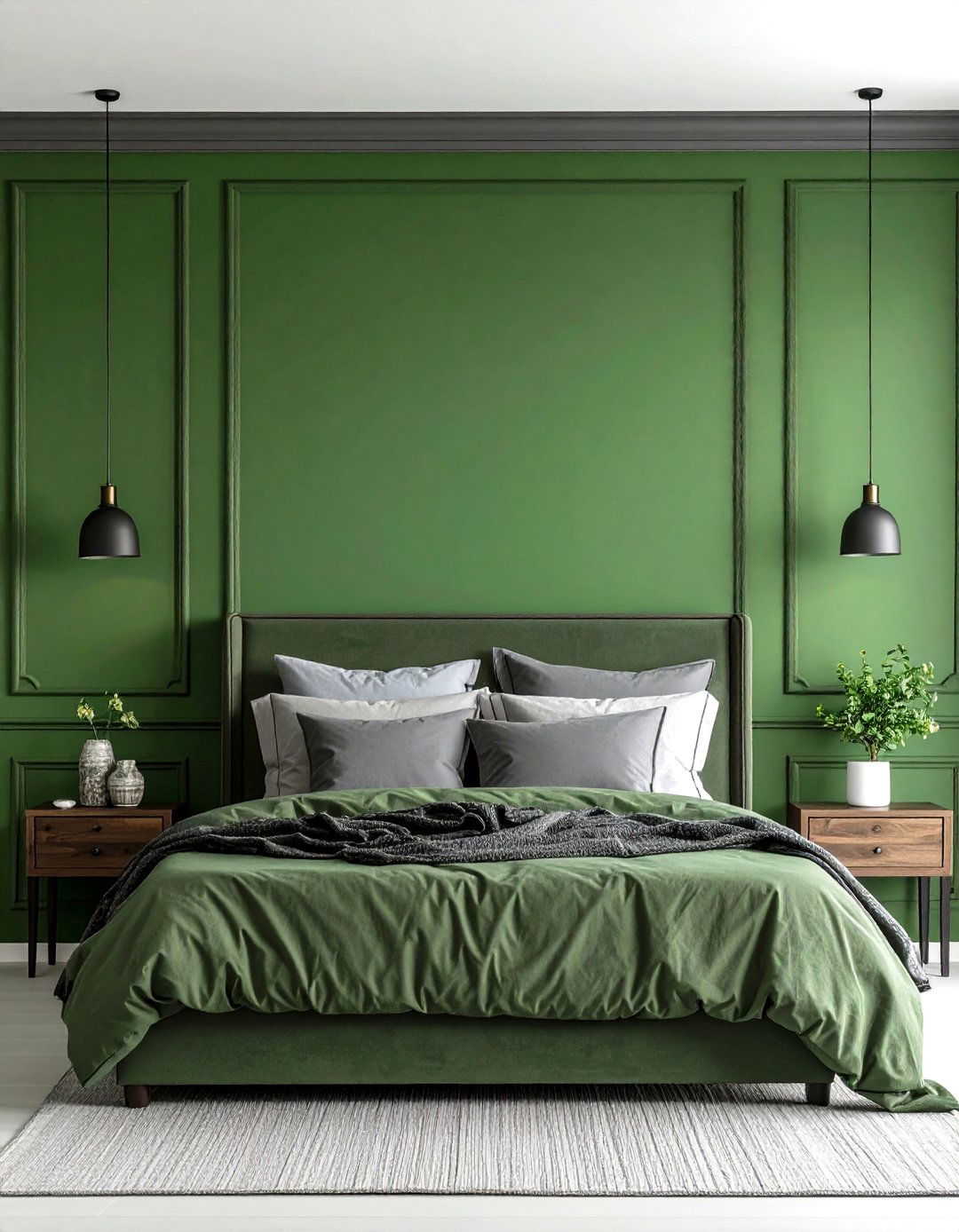 Monochromatic Green Gradient with Grey Touches - 20 Sage Green and Grey Bedroom Ideas