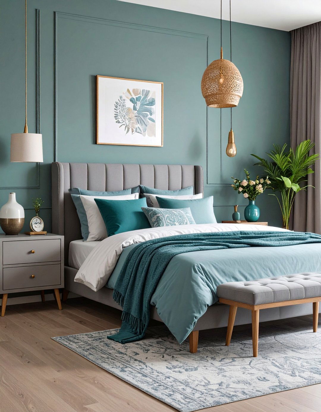 Monochromatic Grey with Teal Pops in Rugs - 20 Teal and Grey Bedroom Ideas