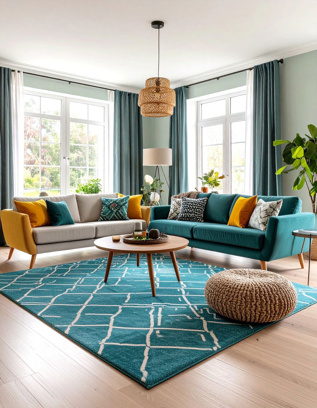 Monochromatic Layering of Teal Shades with Grey - 20 Teal and Grey Living Room Ideas