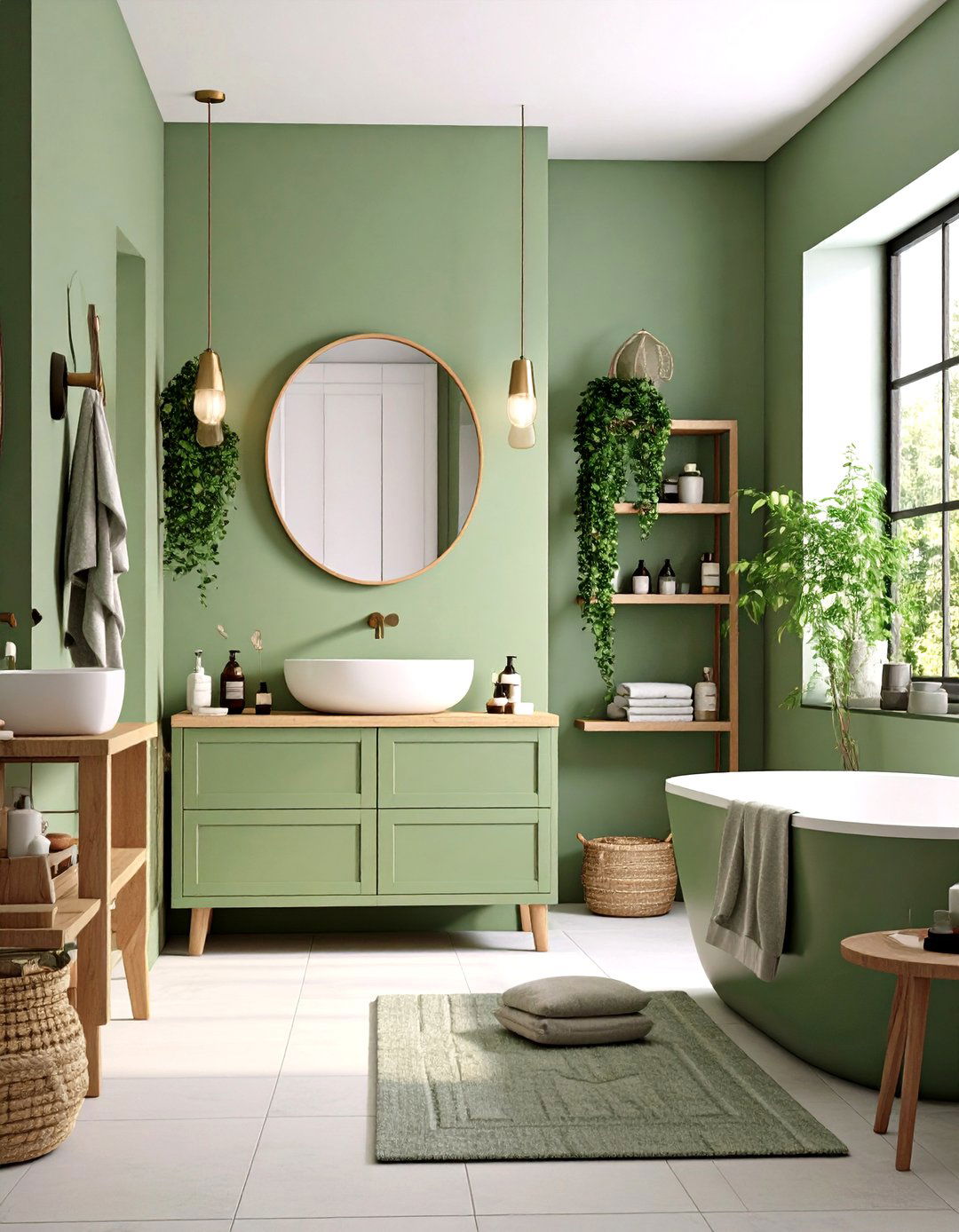 Monochromatic Sage Green Bathroom with Textural Variety - 20 Sage Green Bathroom Ideas