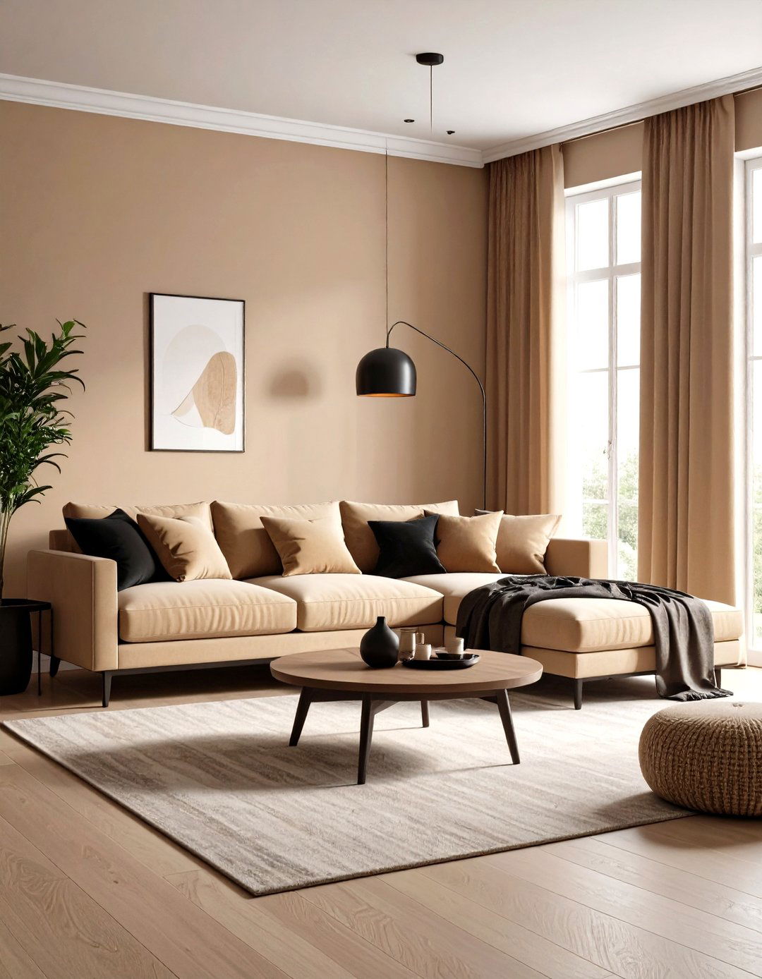 Monochromatic Tan Palette with Black Accents - 20 Tan Living Room Ideas
