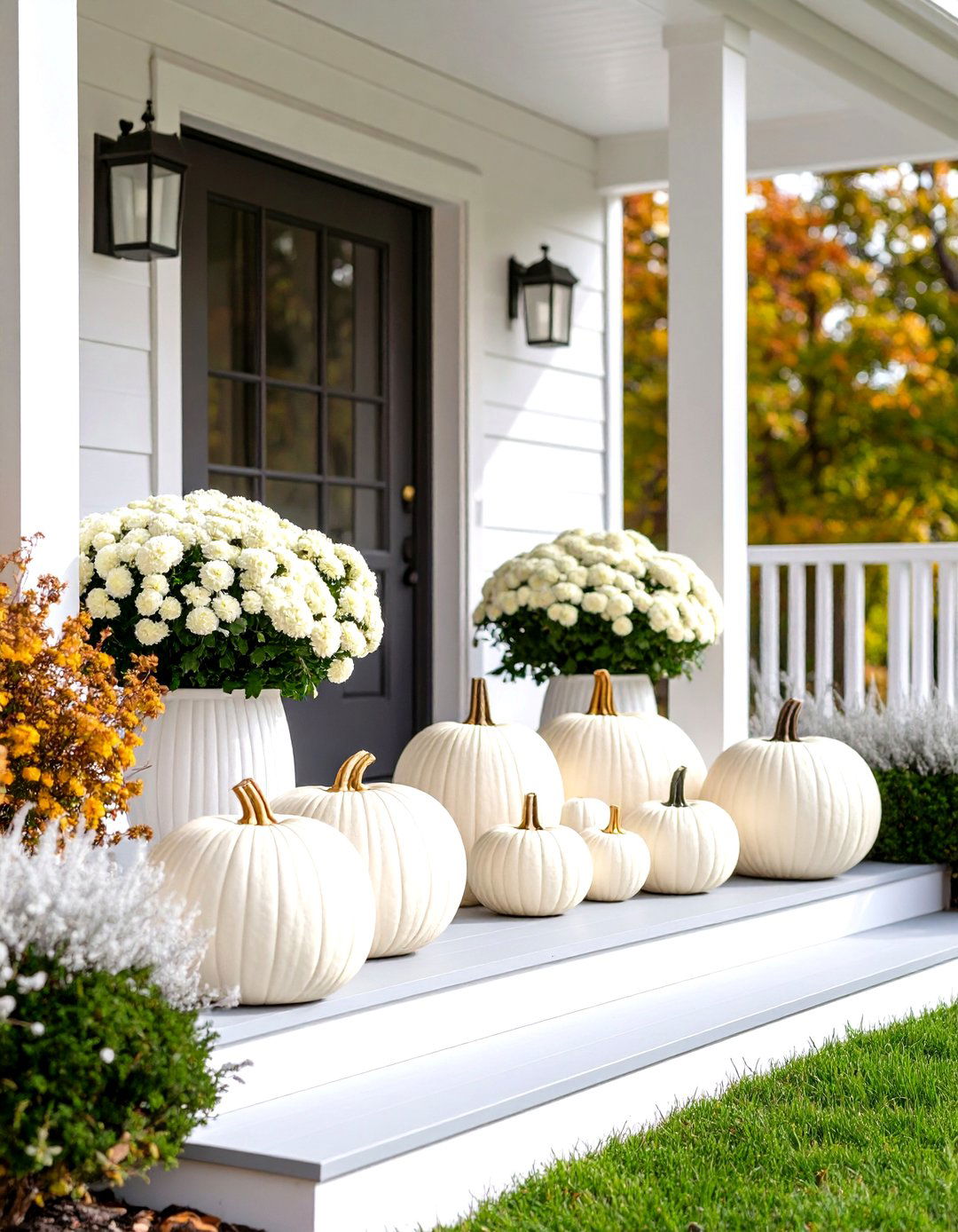 Monochromatic White Pumpkin Fall Porch Elegance - 20 Fall Porch Decor Ideas