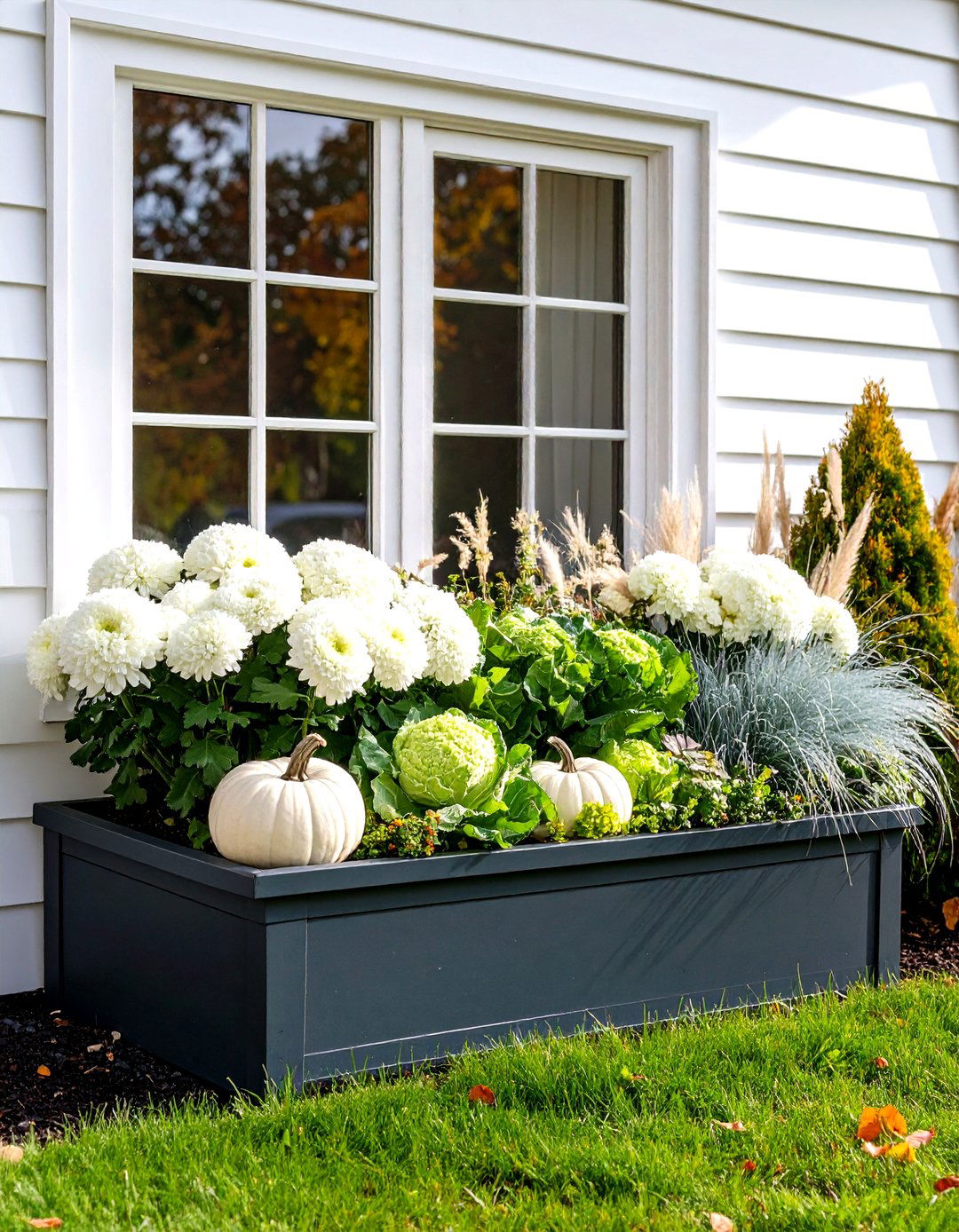 Monochromatic White and Silver Fall Window Box - 20 Fall Window Box Ideas