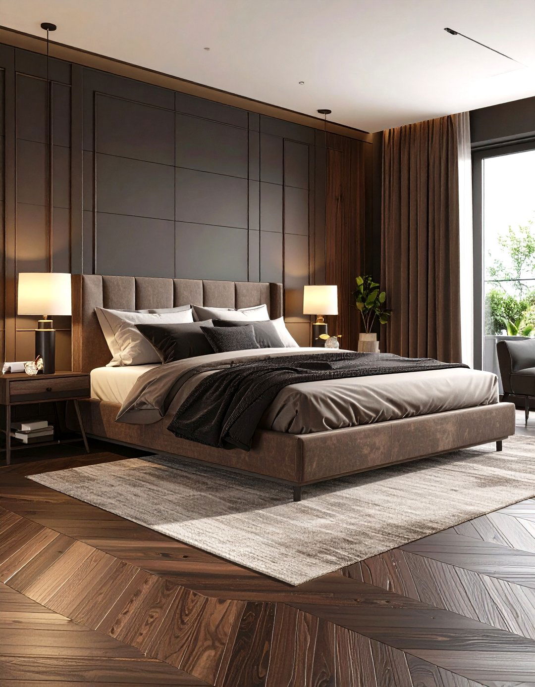 Monochrome Cocoa and Charcoal Dark Wood Bedroom - 20 Dark Wood Bedroom Ideas