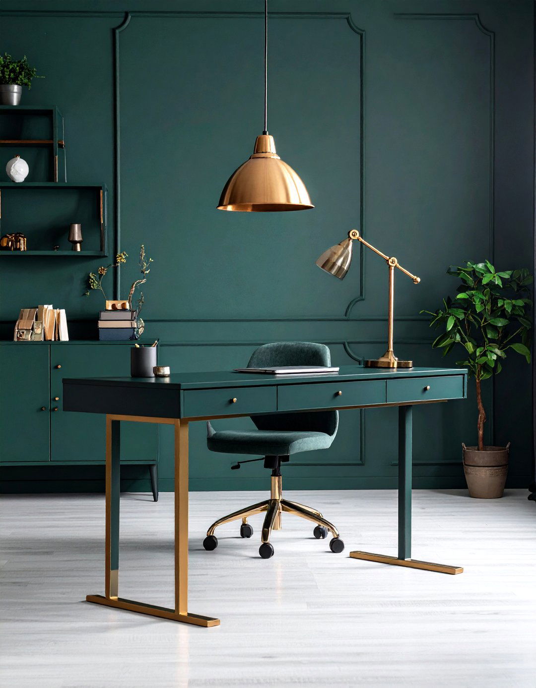 Monochrome Desk to Blur Edges and Minimize Clutter - 20 Dark Green Office Ideas and Inspiration