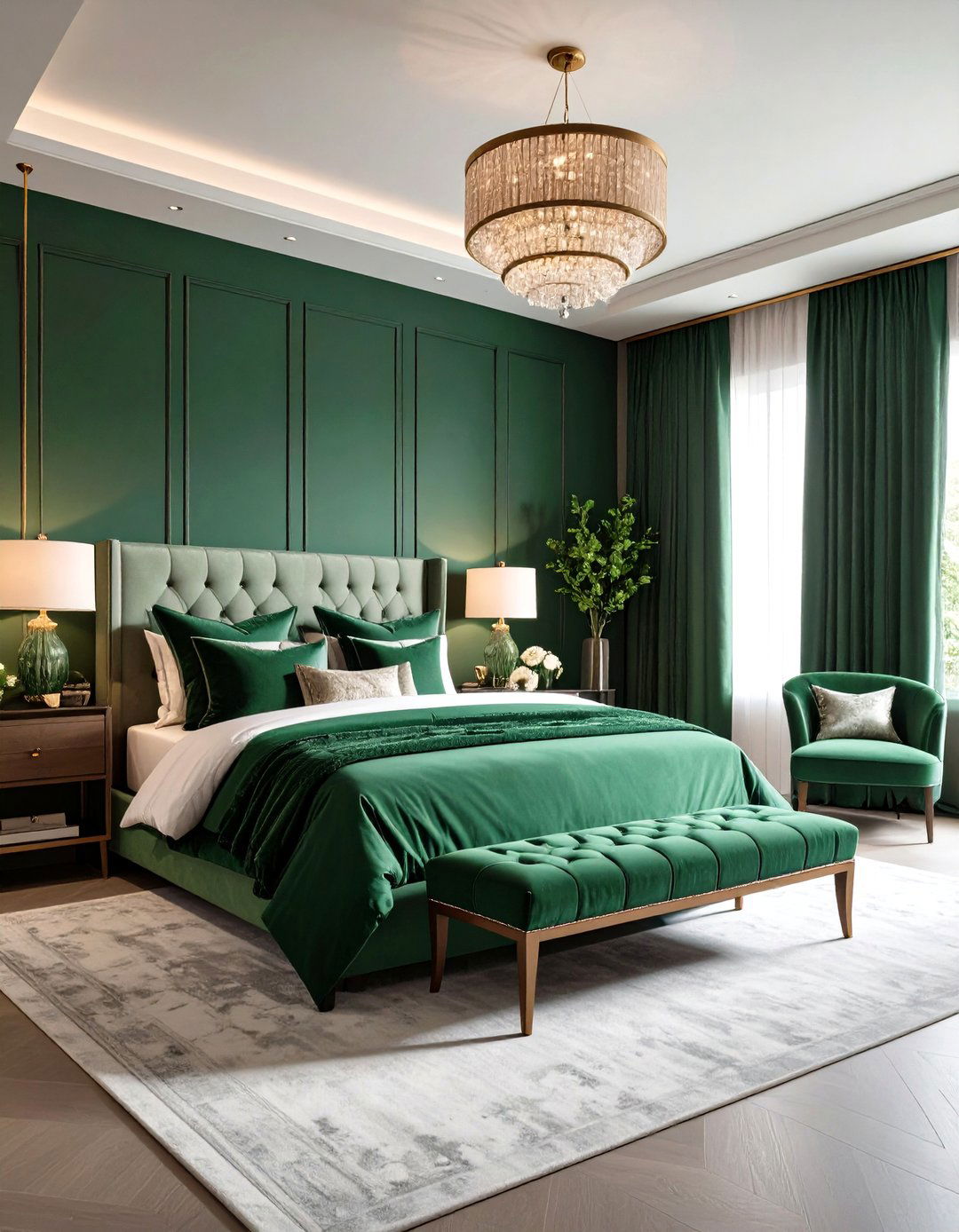 Monochrome Emerald Green Layering - 20 Emerald Green Bedroom Ideas