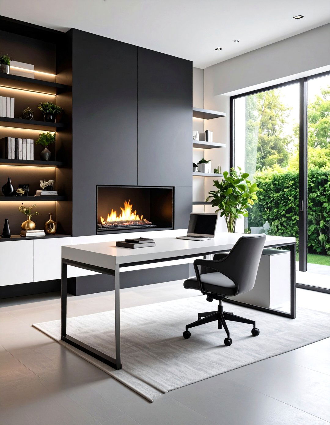 Monochrome Hearth Focal Point in Office Design - 20 Home Office With Fireplace Ideas