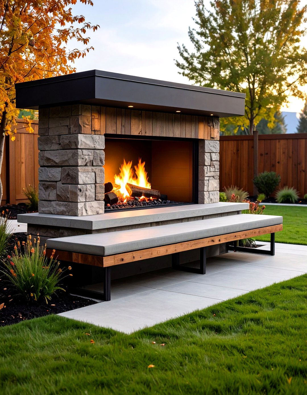 Monolithic Concrete Fireplace Bench with Industrial Edge - 20 Fireplace Bench Ideas