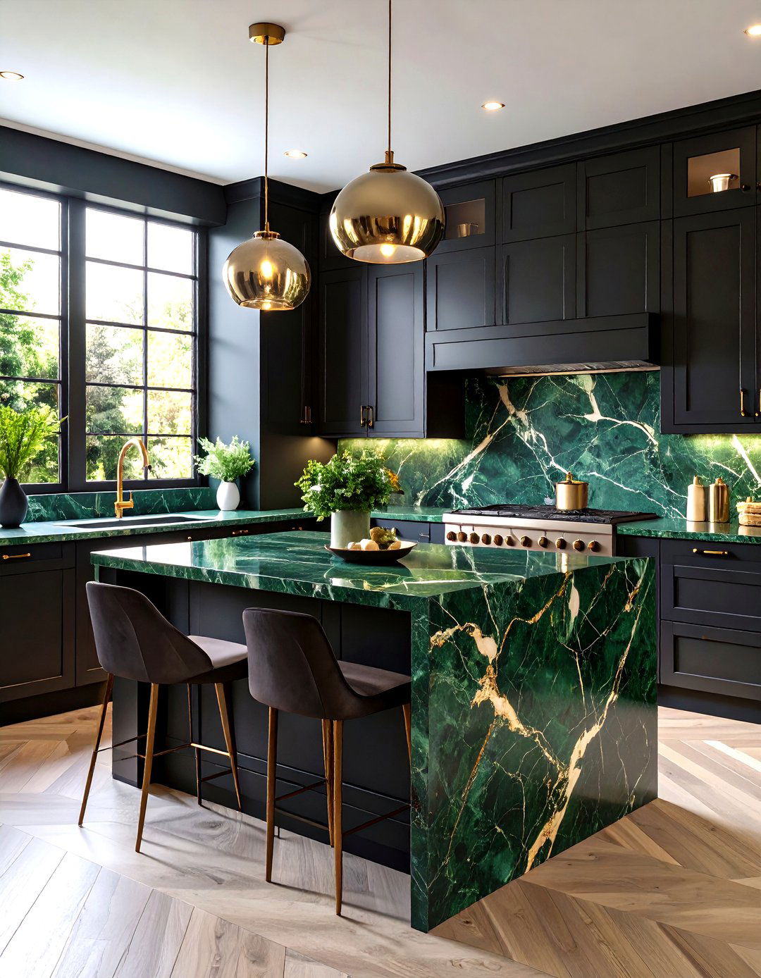 Moody Black Cabinets with Green Marble Tops - 20 Green Marble Countertop Design Ideas