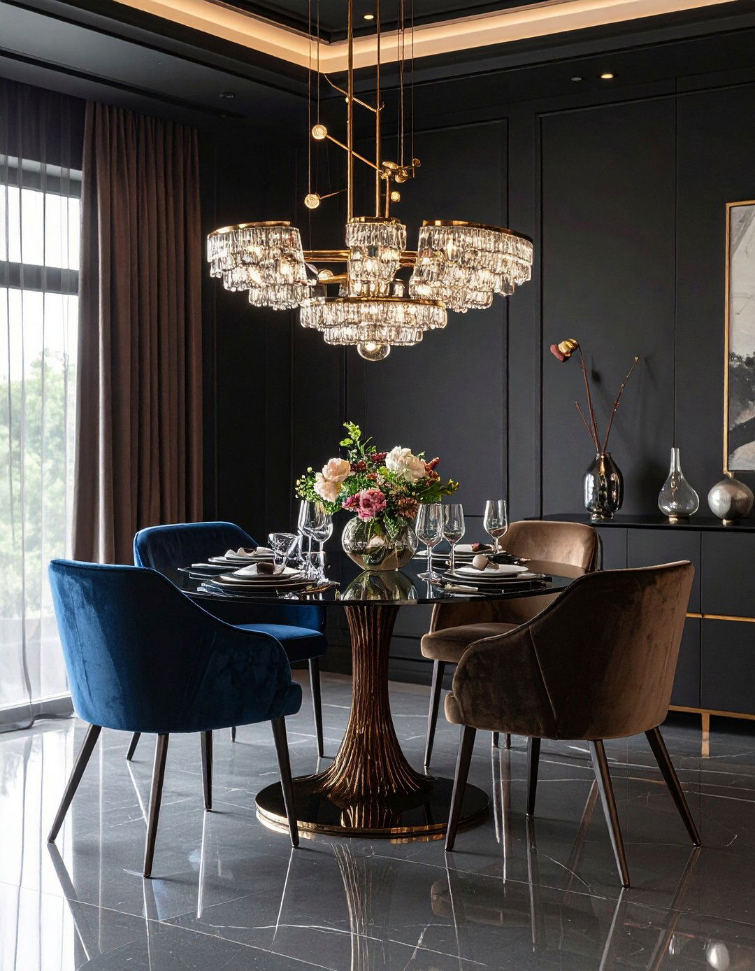 Moody Black Dining Room with Velvet - 20 Black Room Ideas
