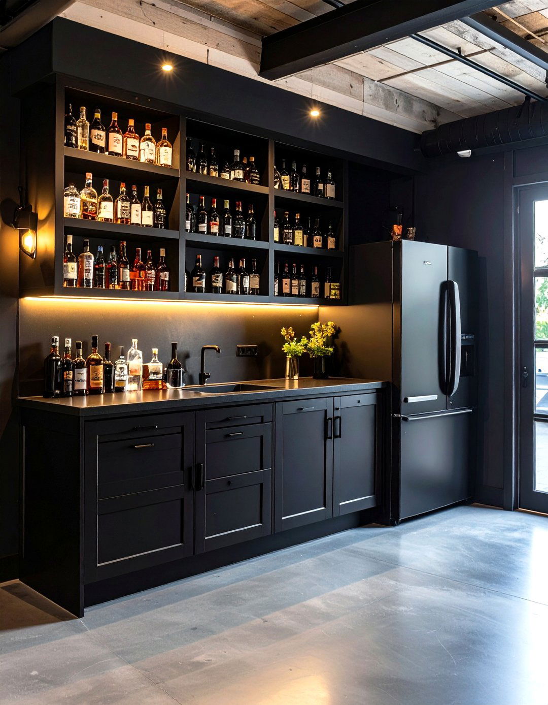 Moody Black Garage Bar Nook - 20 Black Garage Ideas