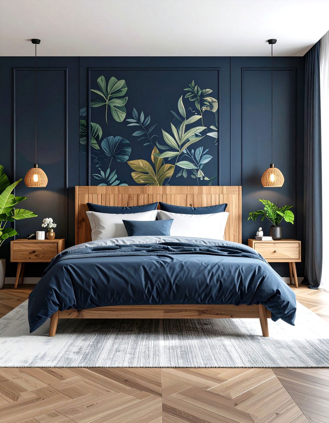 Moody Blue Bedroom with Botanical Wallpaper - 20 Moody Blue Bedroom Ideas