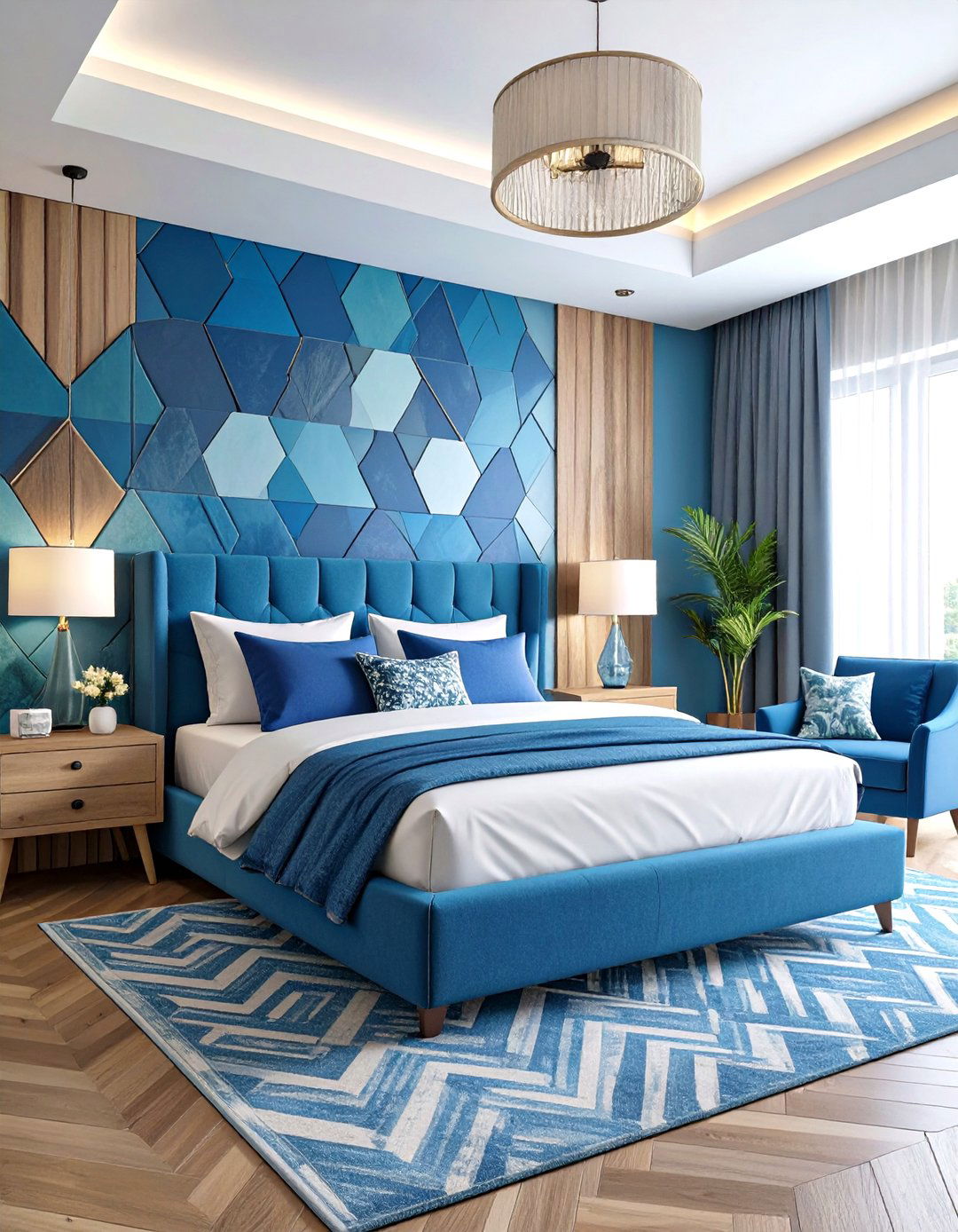 Moody Blue Bedroom with Geometric Patterns - 20 Moody Blue Bedroom Ideas