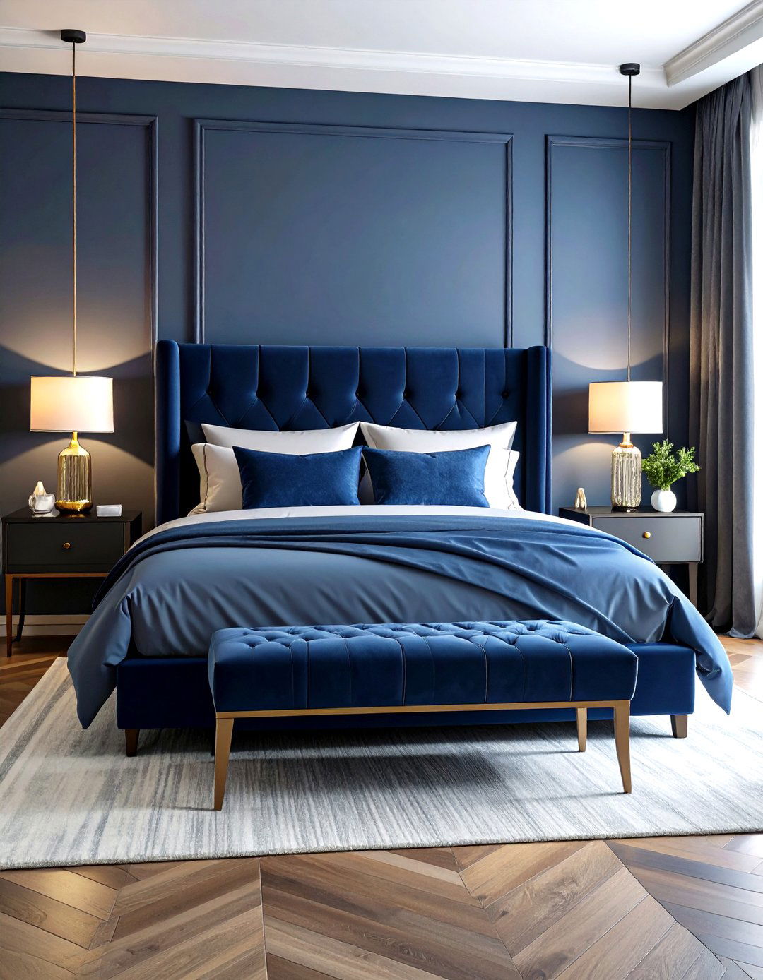 Moody Blue Bedroom with Velvet Textures - 20 Moody Blue Bedroom Ideas