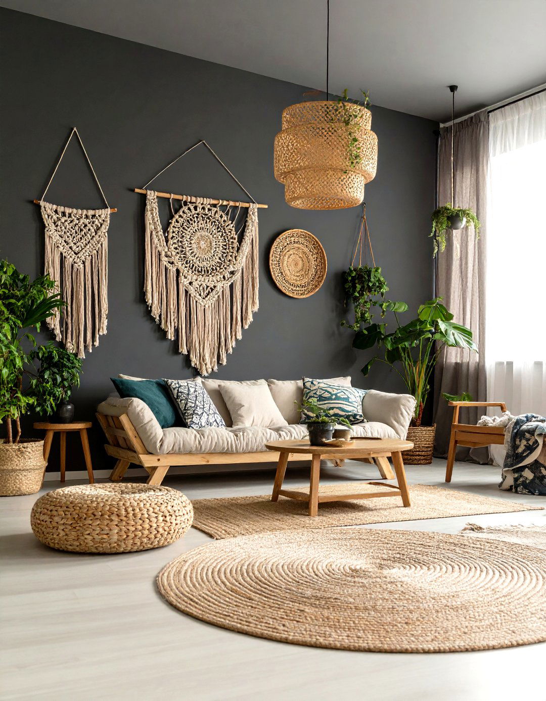Moody Boho Living Room Incorporating Dramatic Black Accent Walls - 20 Moody Boho Living Room Ideas